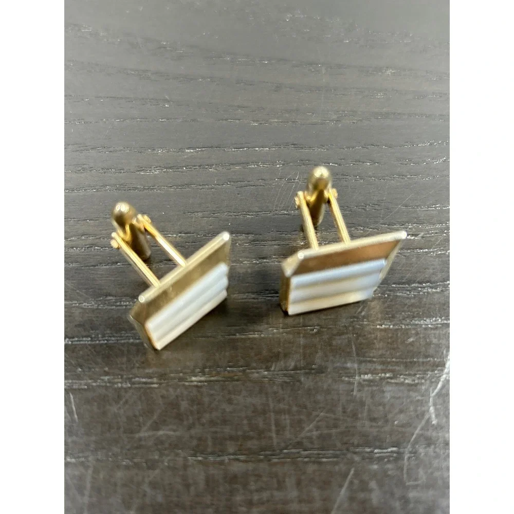 Vintage Swank Gold Tone Mother Pearl Tiered Square Cufflinks Mid Century Modern